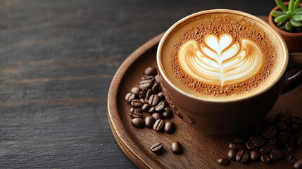 top view of hot coffee latte cup with beautiful leaf design, surrounded by coffee beans on wooden tray, creating warm and inviting atmosphere