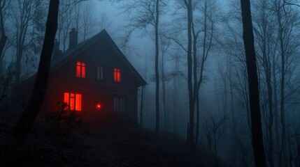 Spooky House in Foggy Forest with Red Windows at Nighttime