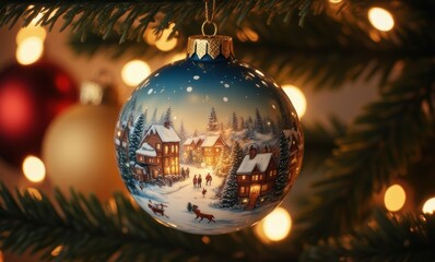 Holiday ornament depicting snowy village scene
