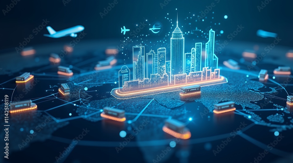 Aufkleber Dynamic Visualization of Real-Time Data Display with Routes, Cargo Tracking Icons, and Glowing Connections Between Global Cities for Enhanced Logistics and Tracking Solutions
