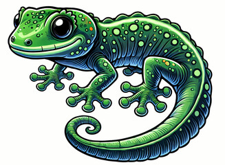Fototapeta premium Colorful green amphibious gecko with large eyes, showcasing vibrant spots and detailed textures.
