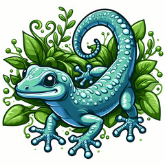 Obraz premium A vibrant, blue amphibious gecko surrounded by lush green foliage, showcasing a playful demeanor.