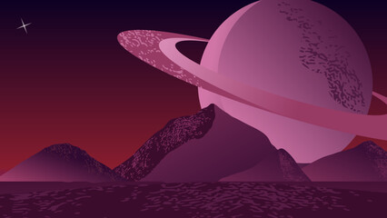 illustration of a ringed planet above the mountains which is suitable for a background with a dark red theme, vector illustration © Ibal