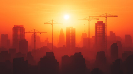 Fototapeta premium Sunset over construction site with cranes silhouetted against sky