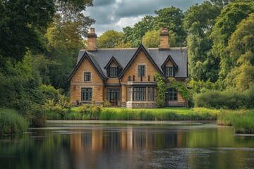Fototapeta premium Luxury stone house reflecting in a lake surrounded by trees and green grass