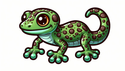 Obraz premium Cute cartoon green amphibious gecko with big eyes and spots, perfect for children's illustrations.