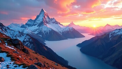 Obraz premium Altai mountain landscape at sunrise with snow-capped peaks and misty valleys, snow, peak, altai
