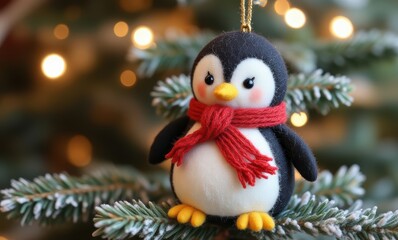 Cute penguin ornament on Christmas tree