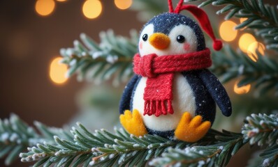 Festive penguin ornament on tree