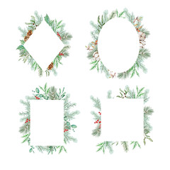 Christmas frames set with watercolor winter greenery floral