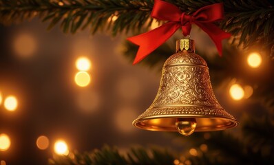 Golden bell ornament on Christmas tree