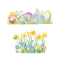 Set of Happy Easter watercolor cards with cute Easter rabbits, egg, spring flowers in pastel colors
