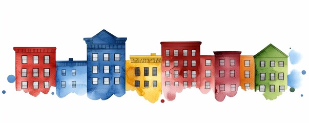 Watercolor urban sketching perspective concept. Colorful watercolor buildings in a row, showcasing vibrant architecture.