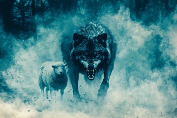 Dramatic Encounter Between a Menacing Wolf and a Defenseless Sheep in a Misty Woodland Landscape evoking Fear and Survival Instincts in Nature's Struggle
