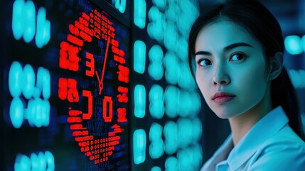 A focused woman stands in front of a digital display, showcasing a clock and vibrant data elements, embodying a blend of technology and modernity.