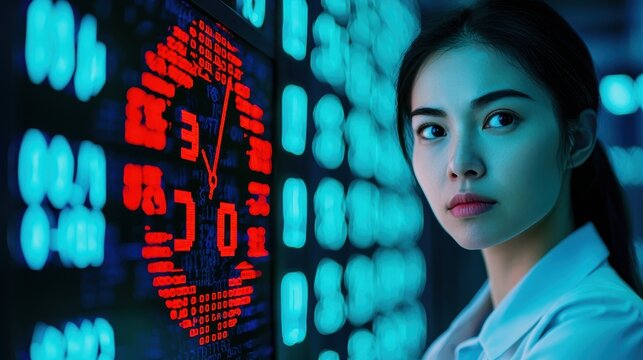 A focused woman stands in front of a digital display, showcasing a clock and vibrant data elements, embodying a blend of technology and modernity.