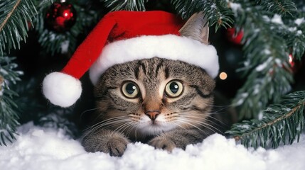 Obraz premium A cat wearing a Santa hat hides in a Christmas snow scene with branches of pine cone tree around.