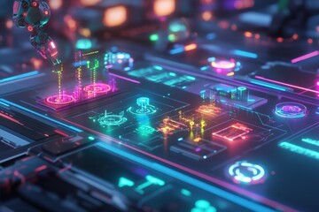 Fototapeta premium Futuristic technology showcase digital circuit board 3d visualization neon environment close-up view innovation concept