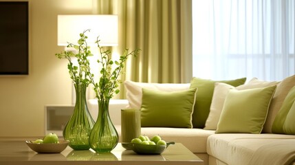 Naklejka premium Minimalist composition of elegant and outstanding space with beige sofa, coffee table, vase, green plaid and pillow. Beige wall. Home decor. Template. 