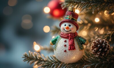 Charming snowman ornament on Christmas tree