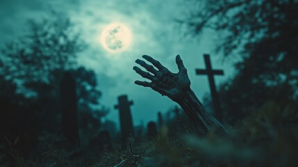 Obraz premium A zombie hand emerges from a grave under a spooky moonlit sky.