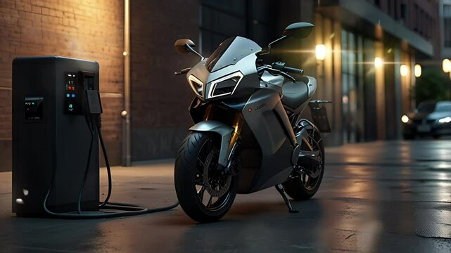 A electric sports bike charging. Seamless 4K looping timelapse video animation background