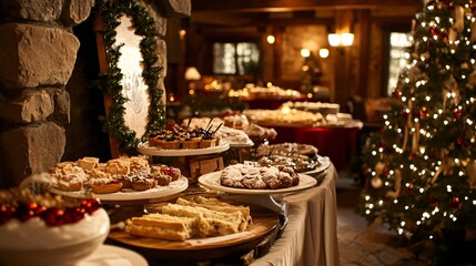 Delicious christmas treats displayed in a cozy lodge festive dessert table holiday atmosphere inviting viewpoint