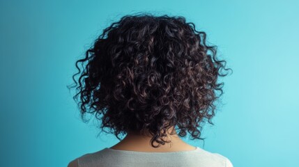Woman from backside on gray background. Female with curly hair. 