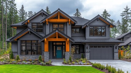 Gray house with orange trim.
