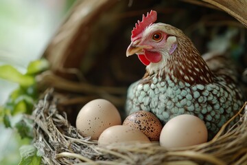 Easter egger hen brooding eggs in a nest
