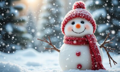 Cheerful snowman in winter wonderland