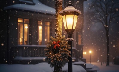 Snowy evening with a festive streetlamp