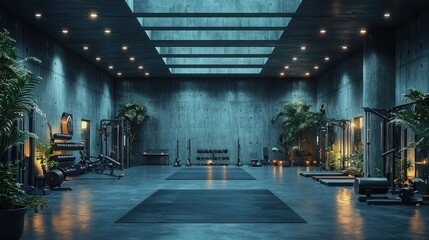 Fototapeta premium Modern, industrial gym with concrete walls, skylights, and greenery.