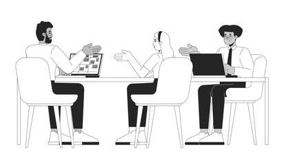 Three people colleagues discussing work at desk black and white 2D line characters. Cooperation teamwork coworkers multicultural isolated vector outline people. Monochromatic spot illustration