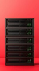 Modern Data Storage Rack with Green Lights on Red Background