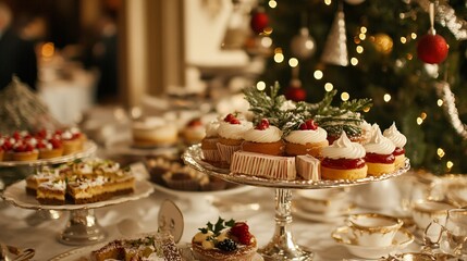 Naklejka premium Christmas dessert table display festive setting food photography cozy environment close-up view culinary delight