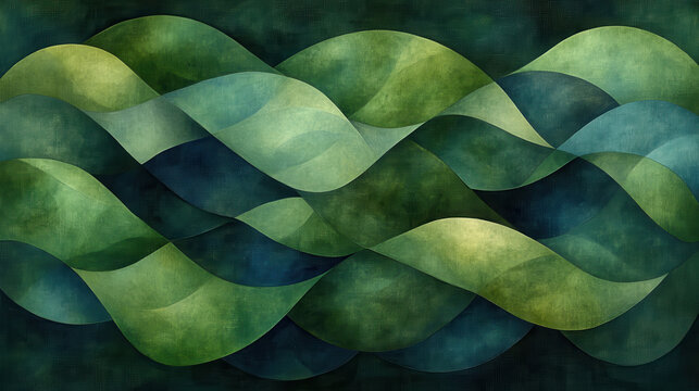 Abstract geometric shapes in muted green tones create serene and calming atmosphere. flowing waves evoke sense of tranquility and harmony in design