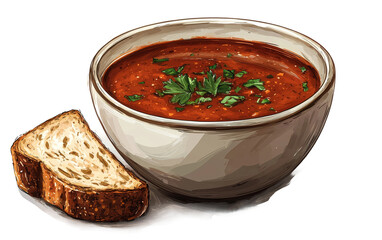 Warm Tomato Soup with Fresh Herbs and Bread Slice Isolated on transparent background