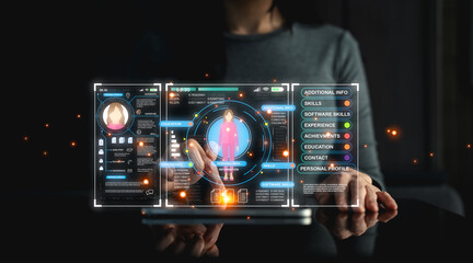 A businessman uses a laptop, seamlessly integrating personal information file storage with HR...