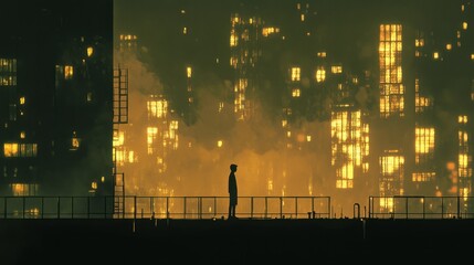 Lone Figure Against a Dystopian Cityscape at Night