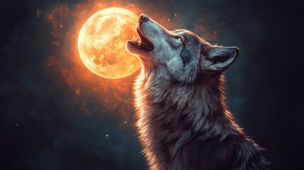 Majestic wolf howling at glowing full moon, surrounded by mystical atmosphere. scene captures beauty and power of nature, evoking sense of wonder and awe