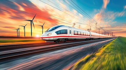 A dynamic side view of a high-speed rail train passing a wind farm, symbolizing eco-friendly and sustainable travel