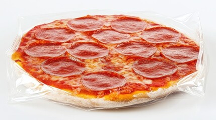 Frozen pizza in a clear wrapping, placed on a stark white background, showcasing quick and easy meal solutions