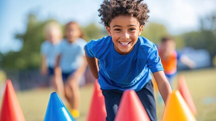Kids on a sports day obstacle course, navigating colorful cones and hurdles, with energy and excitement