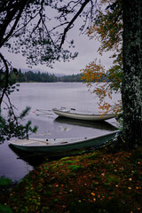 Fototapeta premium a Norwegian lake surrounded by trees on a dark rainy day