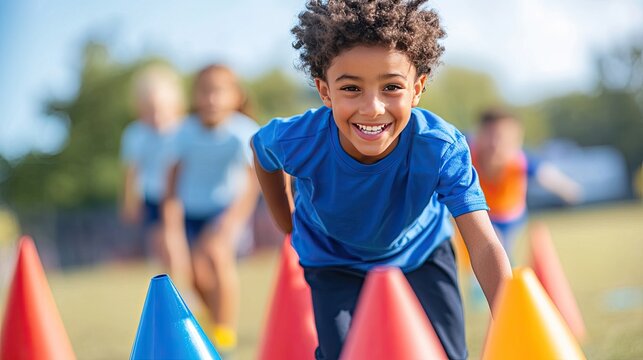 Kids on a sports day obstacle course, navigating colorful cones and hurdles, with energy and excitement - Powered by Adobe
