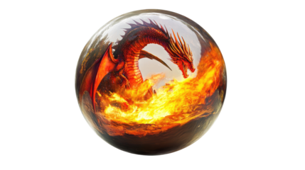 Fiery Dragon Orb: A red dragon emerges from a fiery orb, its wings spread wide, its eyes blazing with power.