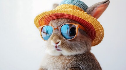 Playful rabbit wearing sunglasses and hat studio setting cute