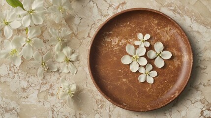 Obraz na płótnie Canvas White Flowers on Brown Plate A Serene Arrangement for Home Decor
