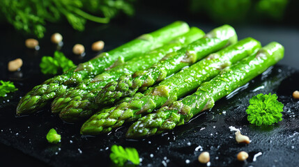 Fresh asparagus spears arranged on dark slate plate, showcasing their vibrant green color and texture. Perfect for healthy dishes or gourmet presentations